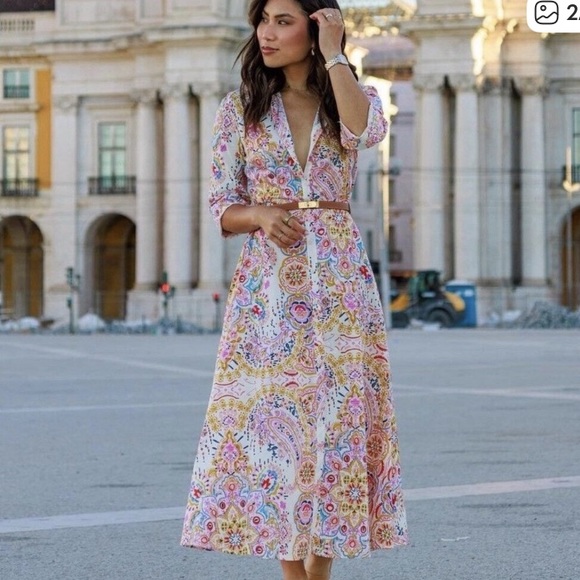 Zara Cotton Button Down Floral Maxi Shirtdress  Colorful Abstract 3/4 Sleeves S - Picture 1 of 11